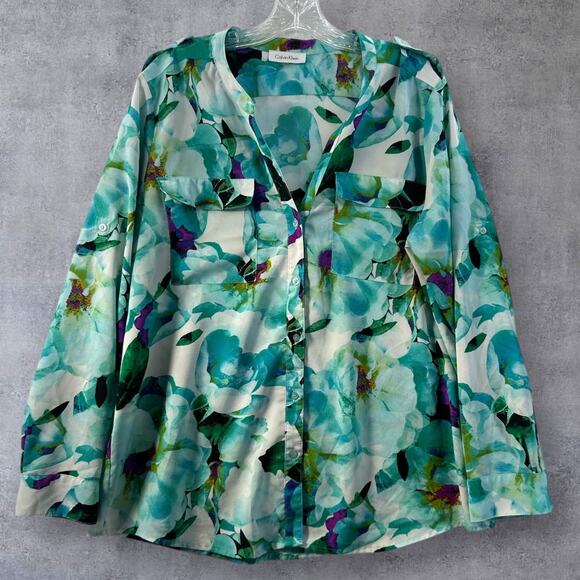 Calvin Klein Tops - Calvin Klein Size XL Top Button Down Front Pockets Roll Tab Sleeve V Neck Floral